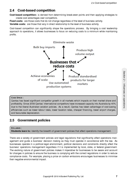 White paper course notes by ATAR Notes, showing a page on cost-based competition and government policies with a diagram.