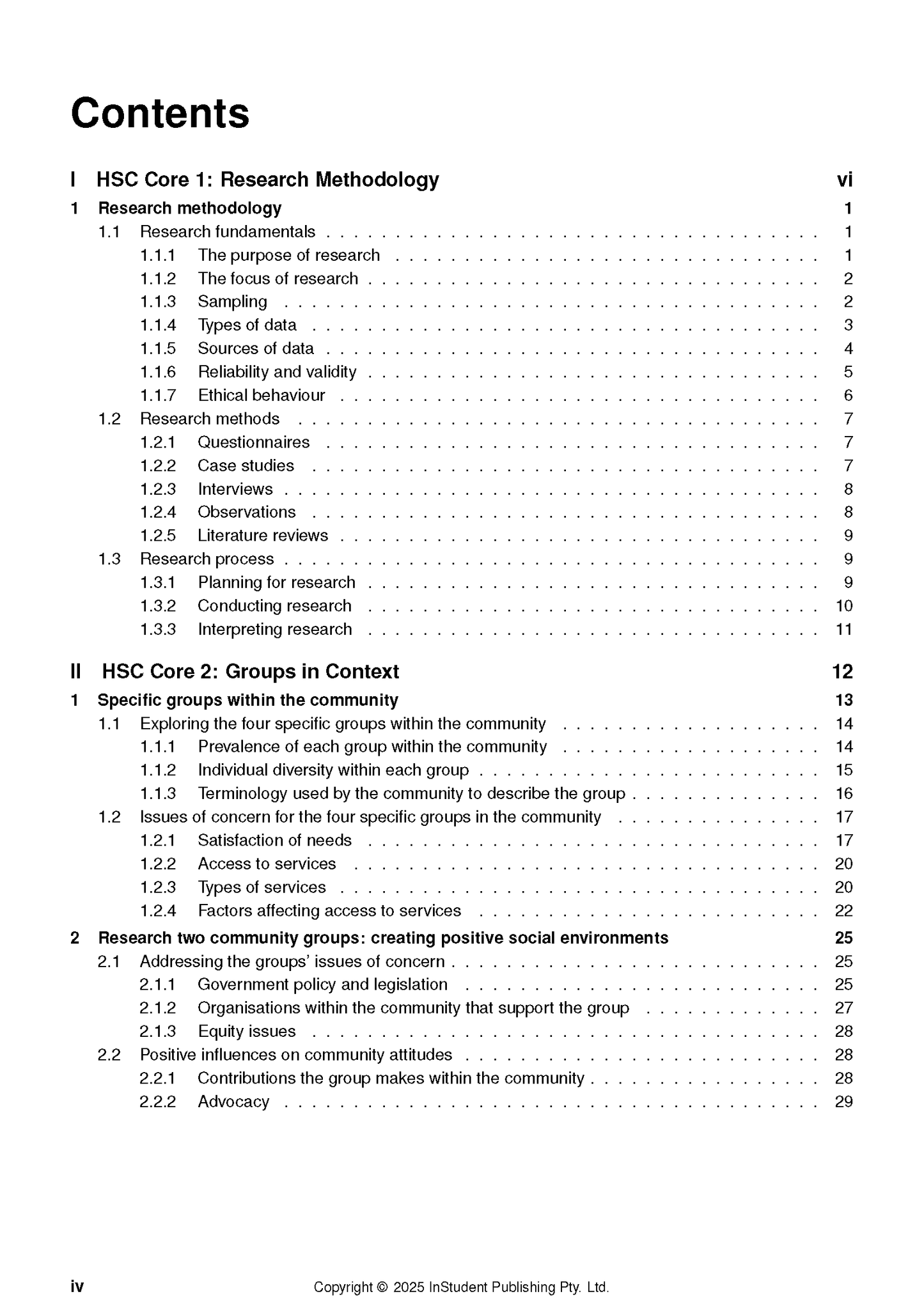 HSC Year 12 Community and Family Studies Course Notes by ATAR Notes, displaying a 'Contents' page with 'Research Methodology' and 'Groups in Context'.
