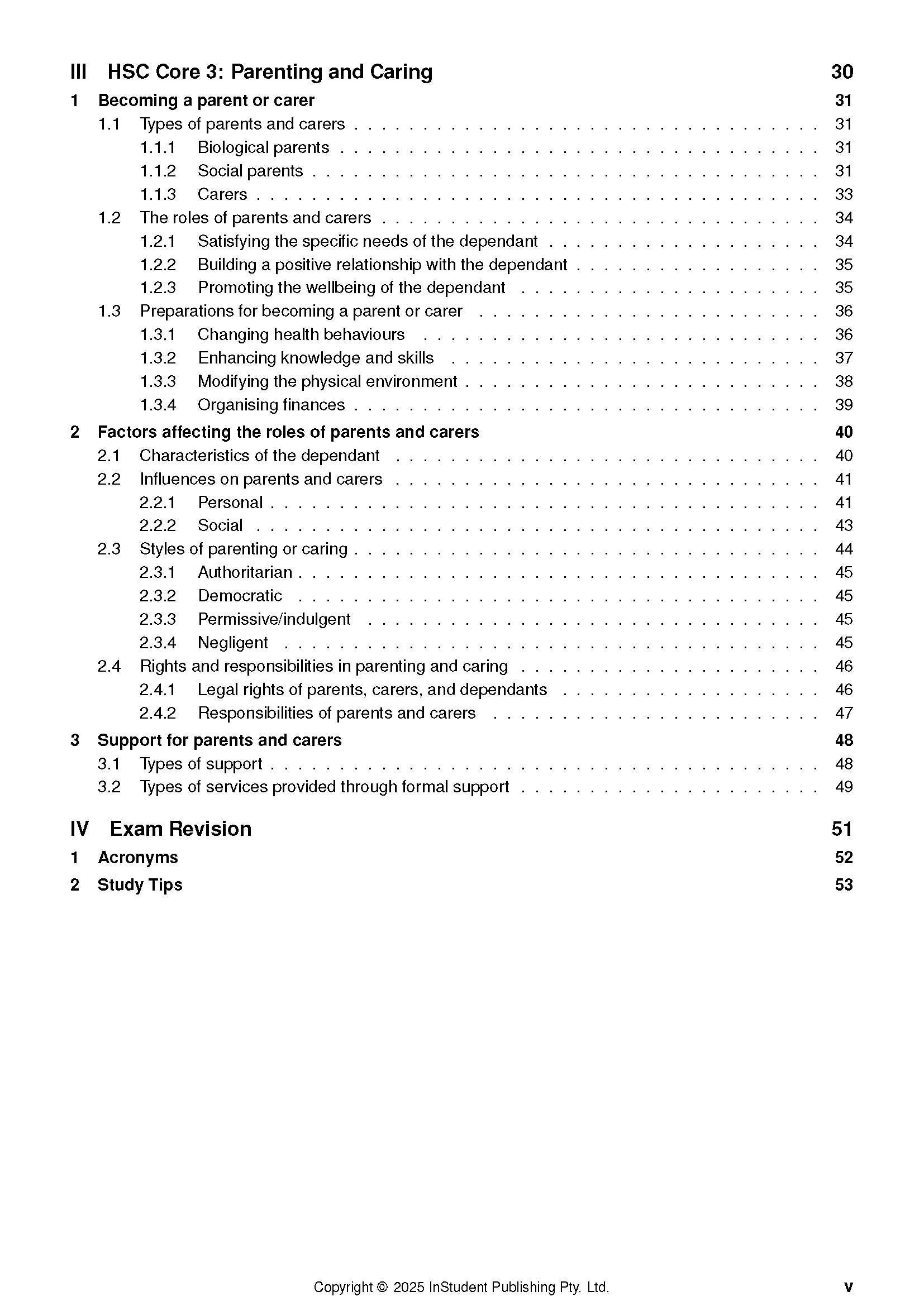 HSC Year 12 Community and Family Studies Course Notes by ATAR Notes, featuring a table of contents page with black text.