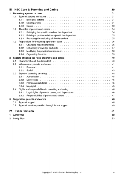HSC Year 12 Community and Family Studies Course Notes by ATAR Notes, featuring a table of contents page with black text.