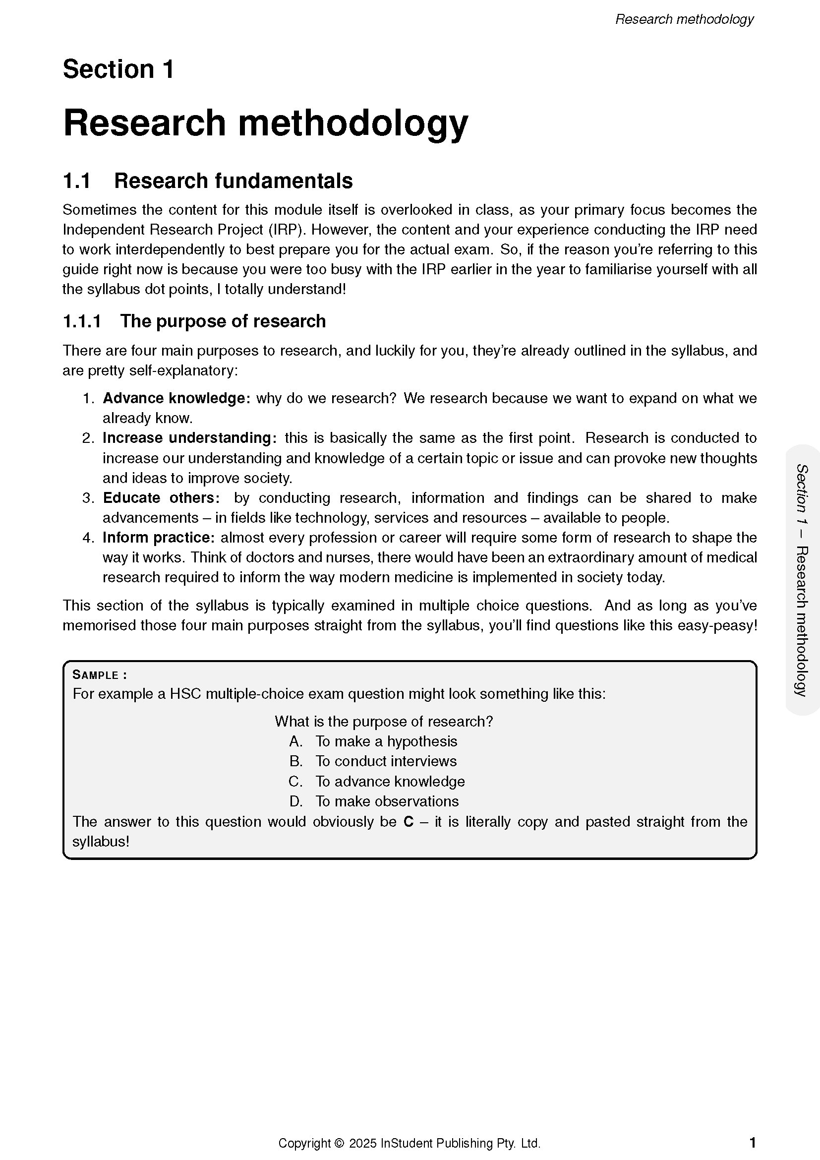 Course Notes for HSC Year 12 Community and Family Studies (CAFS) by ATAR Notes, displaying a page titled 'Research methodology' with a sample multiple-choice question.