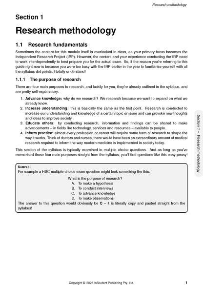 Course Notes for HSC Year 12 Community and Family Studies (CAFS) by ATAR Notes, displaying a page titled 'Research methodology' with a sample multiple-choice question.