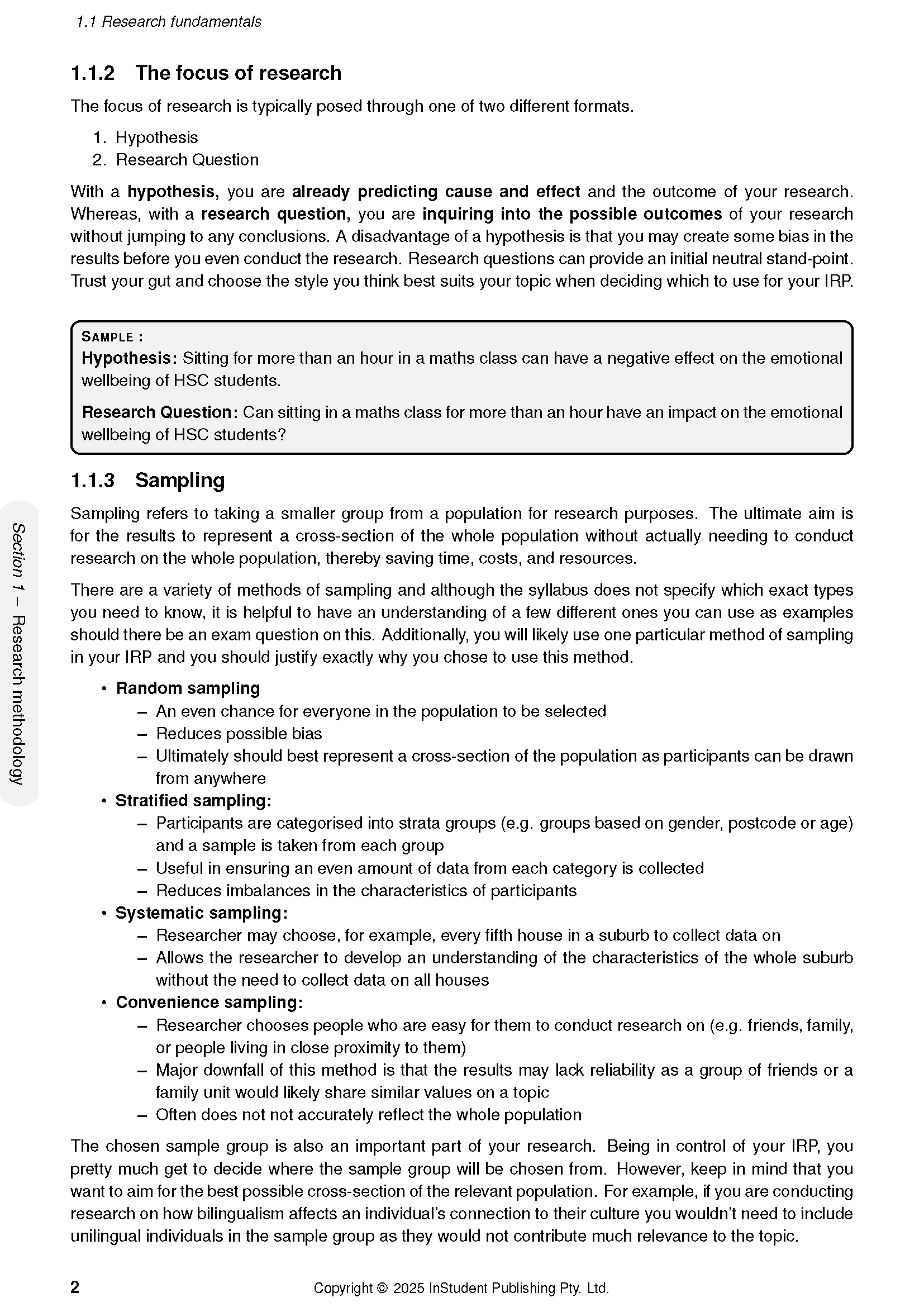 Complete Course Notes for HSC Year 12 Community and Family Studies by ATAR Notes, featuring a white page with black text on research fundamentals and sampling.
