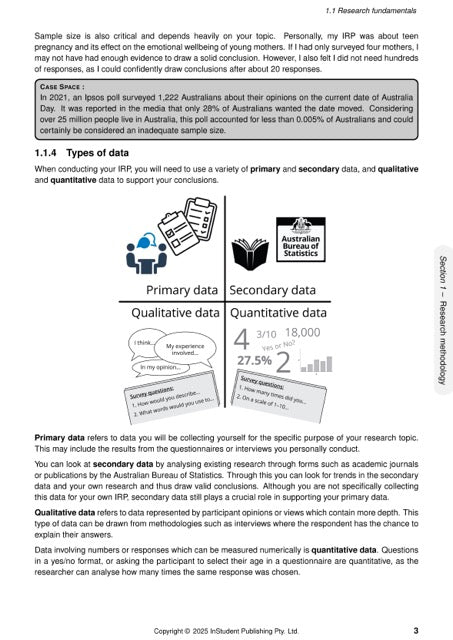 Complete Course Notes by ATAR Notes, displaying a page about research fundamentals and data types with illustrative diagrams.