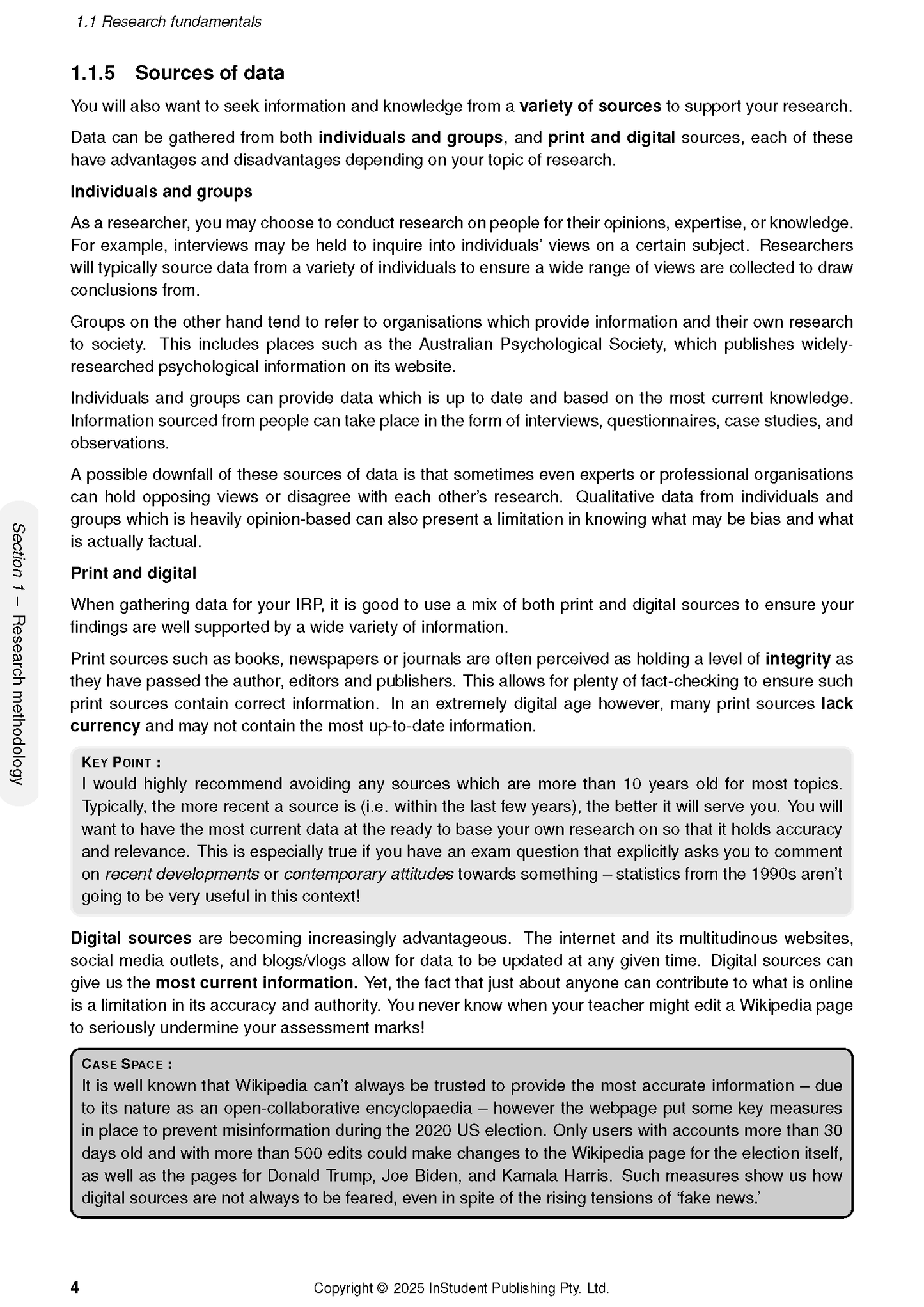 Course Notes by ATAR Notes, a cropped white page with black text on research fundamentals and data sources, featuring grey highlight boxes.