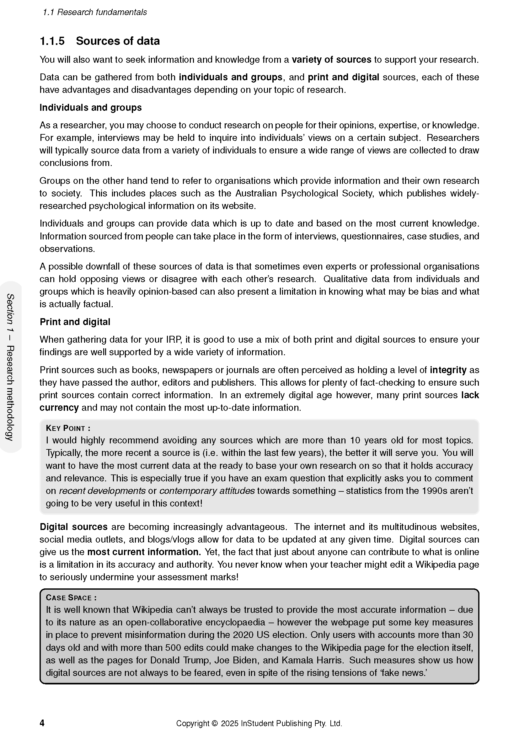Course Notes by ATAR Notes, a cropped white page with black text on research fundamentals and data sources, featuring grey highlight boxes.
