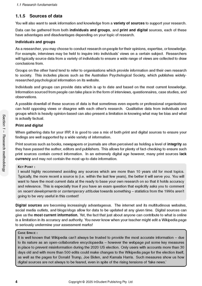 Course Notes by ATAR Notes, a cropped white page with black text on research fundamentals and data sources, featuring grey highlight boxes.