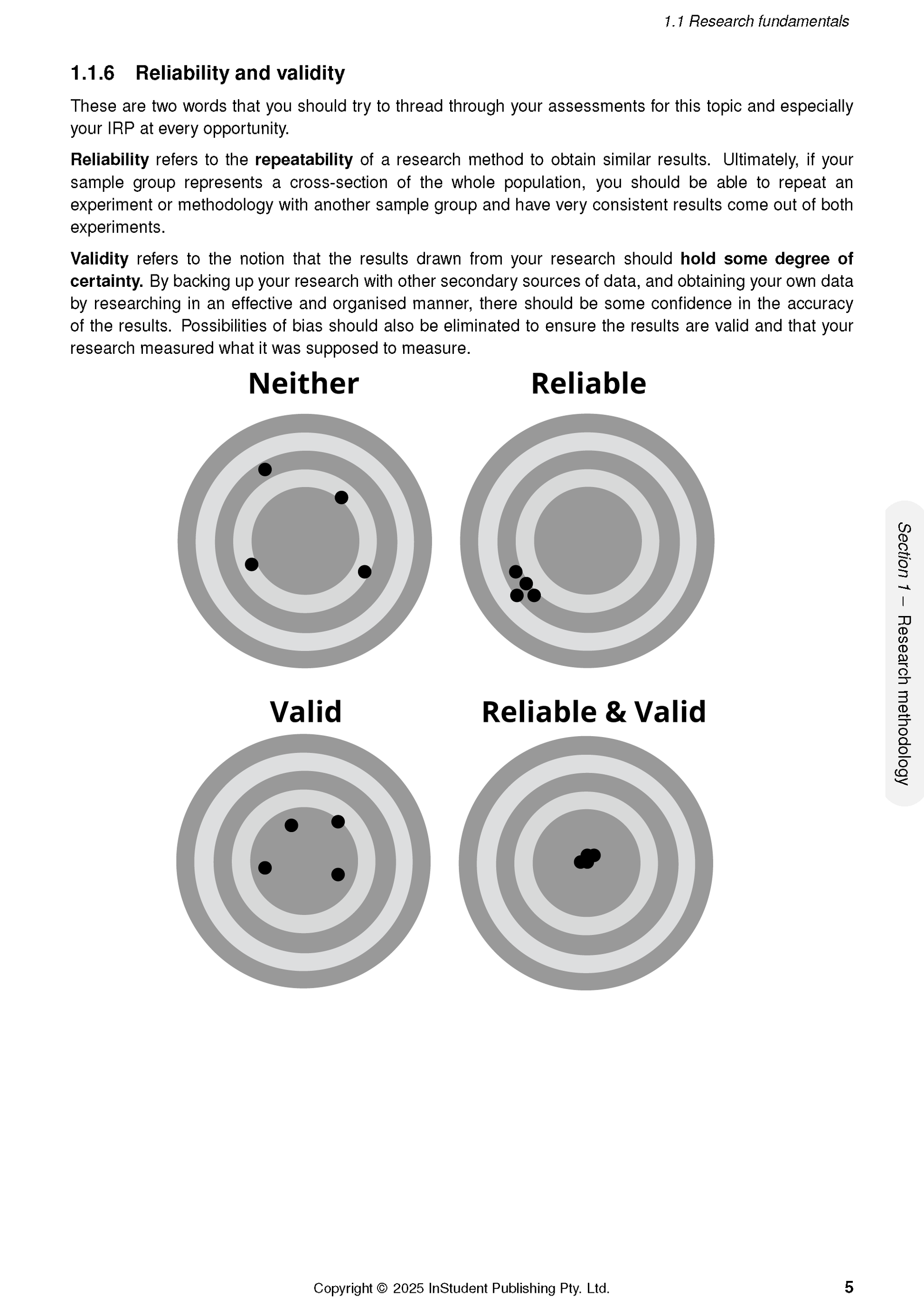 Course Notes detailing research reliability and validity with four dartboard diagrams illustrating different outcomes.