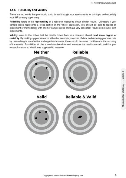 Course Notes detailing research reliability and validity with four dartboard diagrams illustrating different outcomes.