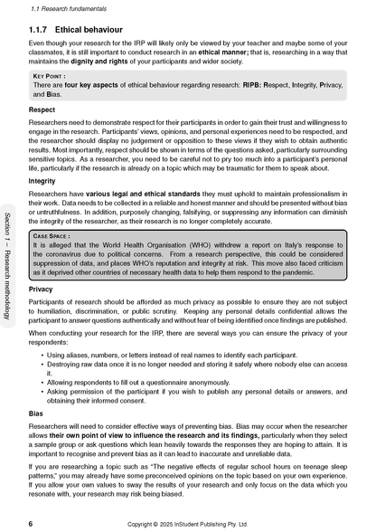 Course notes page by ATAR Notes, displaying sections on research fundamentals and ethical behaviour with text, headings, and highlighted boxes.