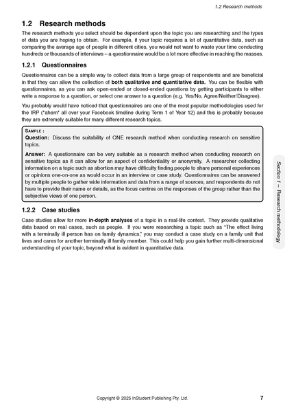 White course notes page by ATAR Notes, featuring sections on research methods, questionnaires, and case studies with a sample answer.
