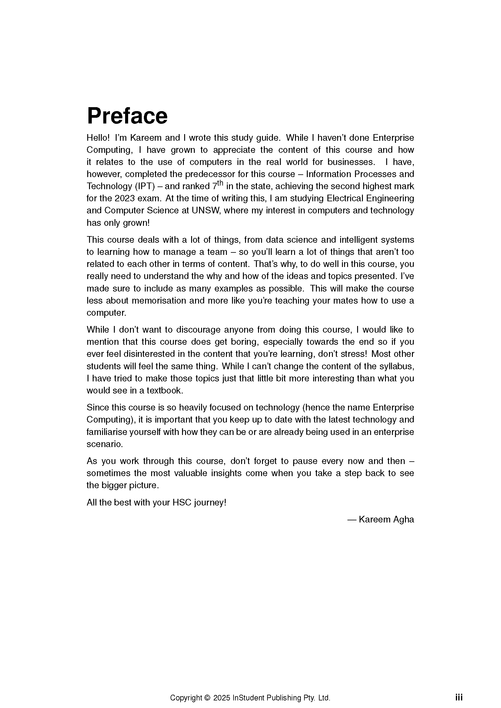 HSC Year 12 Enterprise Computing Course Notes by ATAR Notes, a white page with bold 'Preface' title and body text.