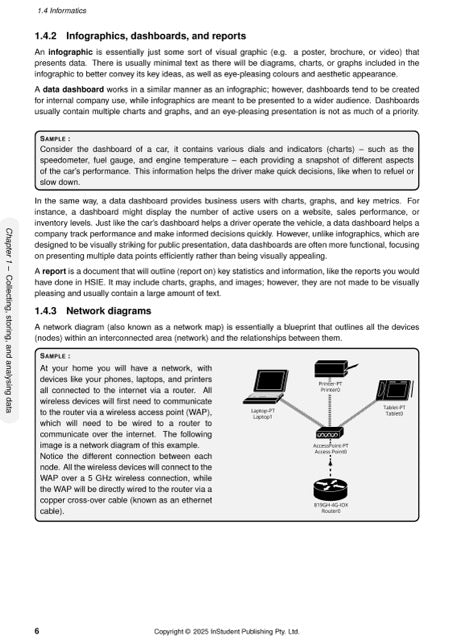 Course Notes page displaying "Network diagrams" section by ATAR Notes, with text and an illustration of interconnected devices (laptop, printer, tablet, access point, router).