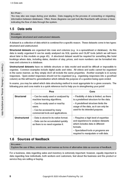 Course notes page by ATAR Notes featuring content on data sets, key points, syllabus, and a pros and cons table.