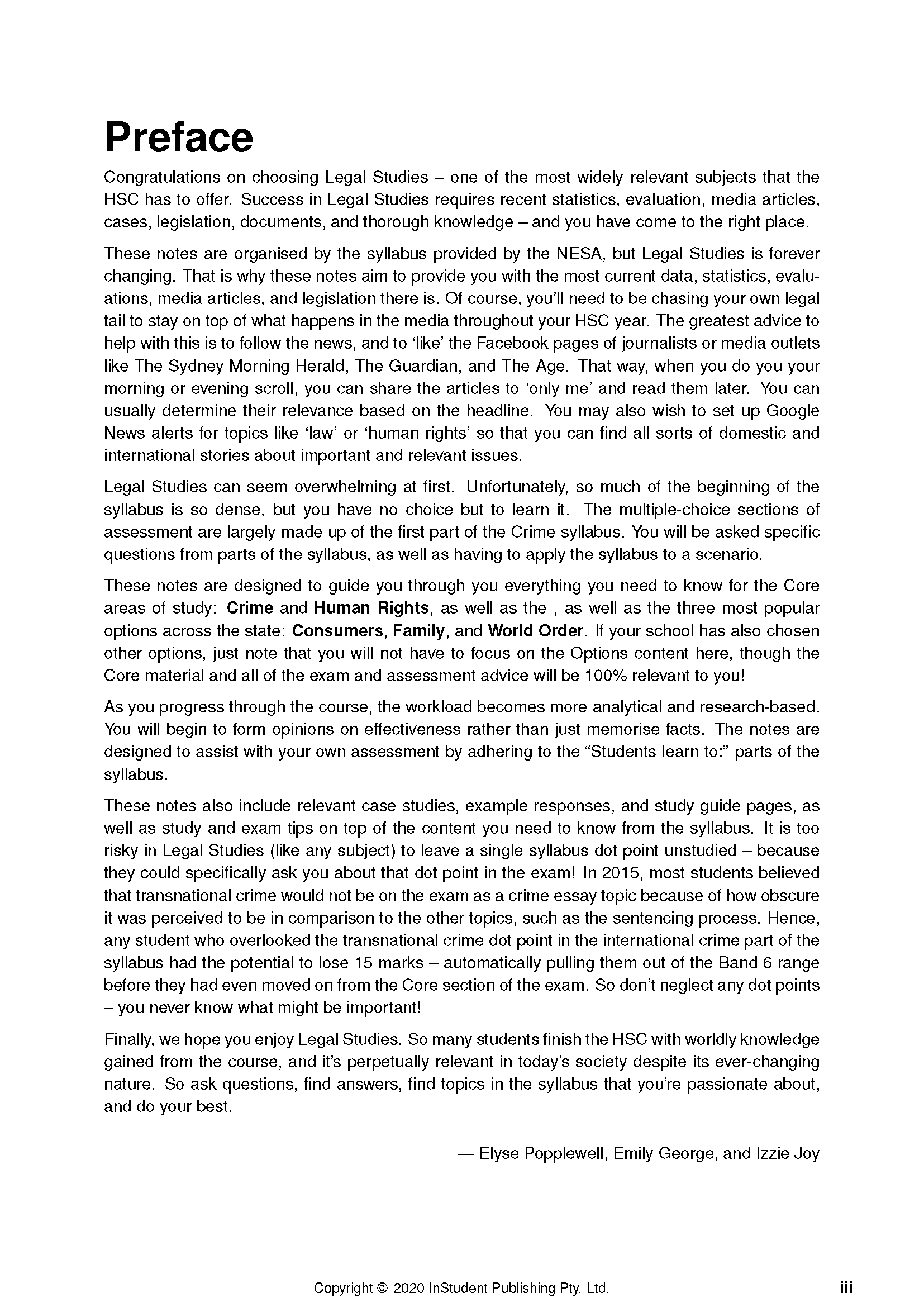 HSC Year 12 Legal Studies Complete Course Notes by ATAR Notes, showing the 'Preface' page with black text on a white background and page number 'iii'.
