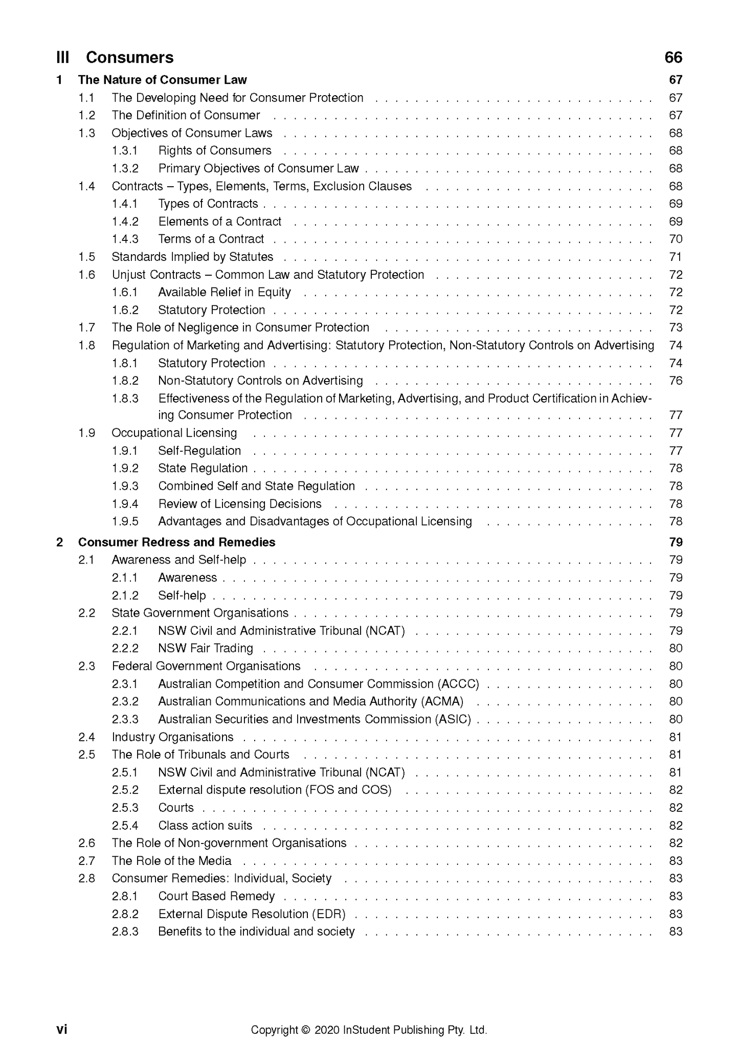Course notes by ATAR Notes, displaying a table of contents page with sections on Consumer Law and Redress.