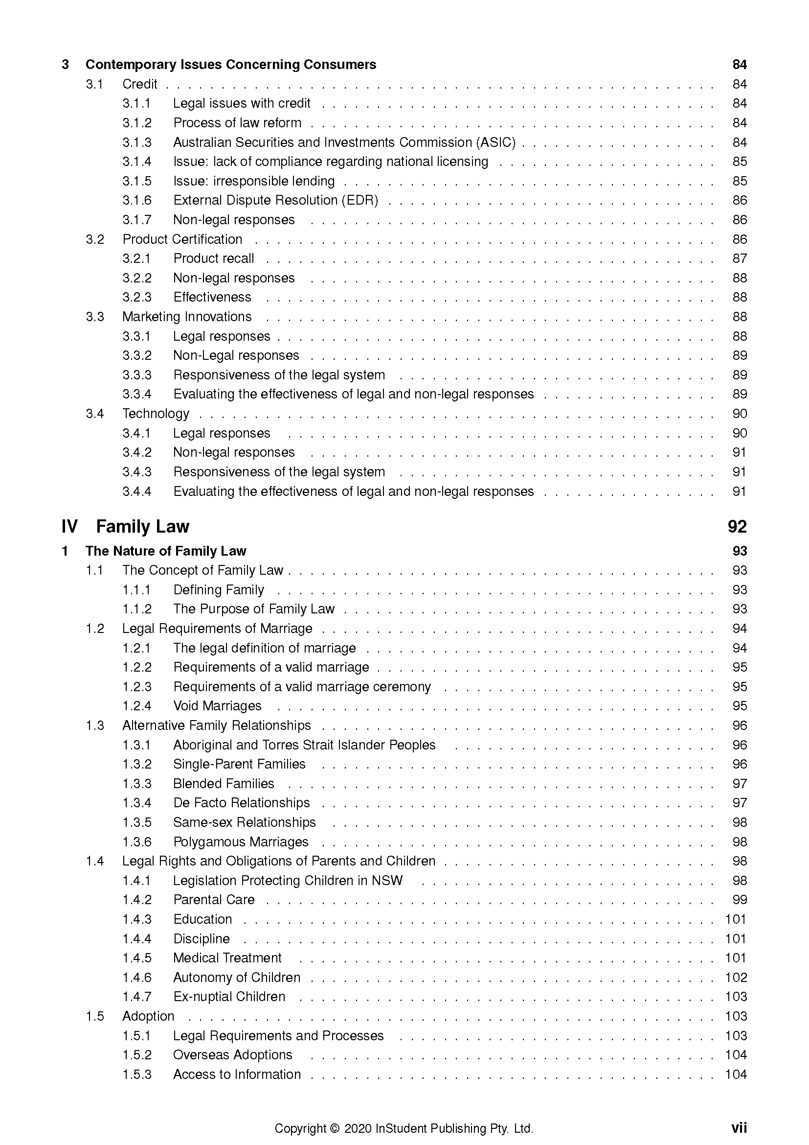 Legal Studies Course Notes by ATAR Notes, showing a table of contents page with legal topics and page numbers.