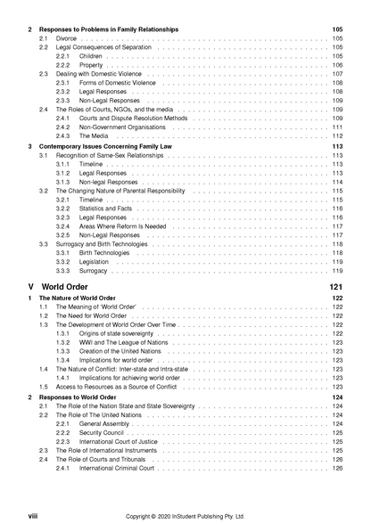 Course notes page by ATAR Notes, showing a table of contents detailing legal studies topics and page numbers.