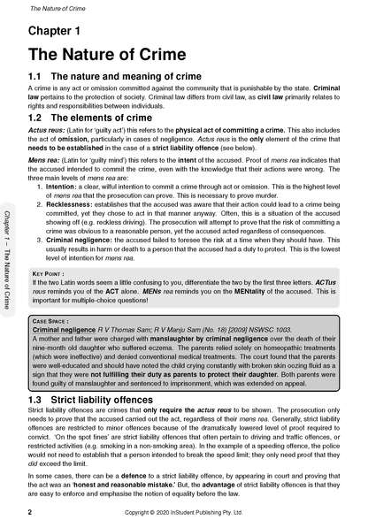 White Legal Studies Course Notes page by ATAR Notes, detailing 'The Nature of Crime' chapter with elements and case studies.