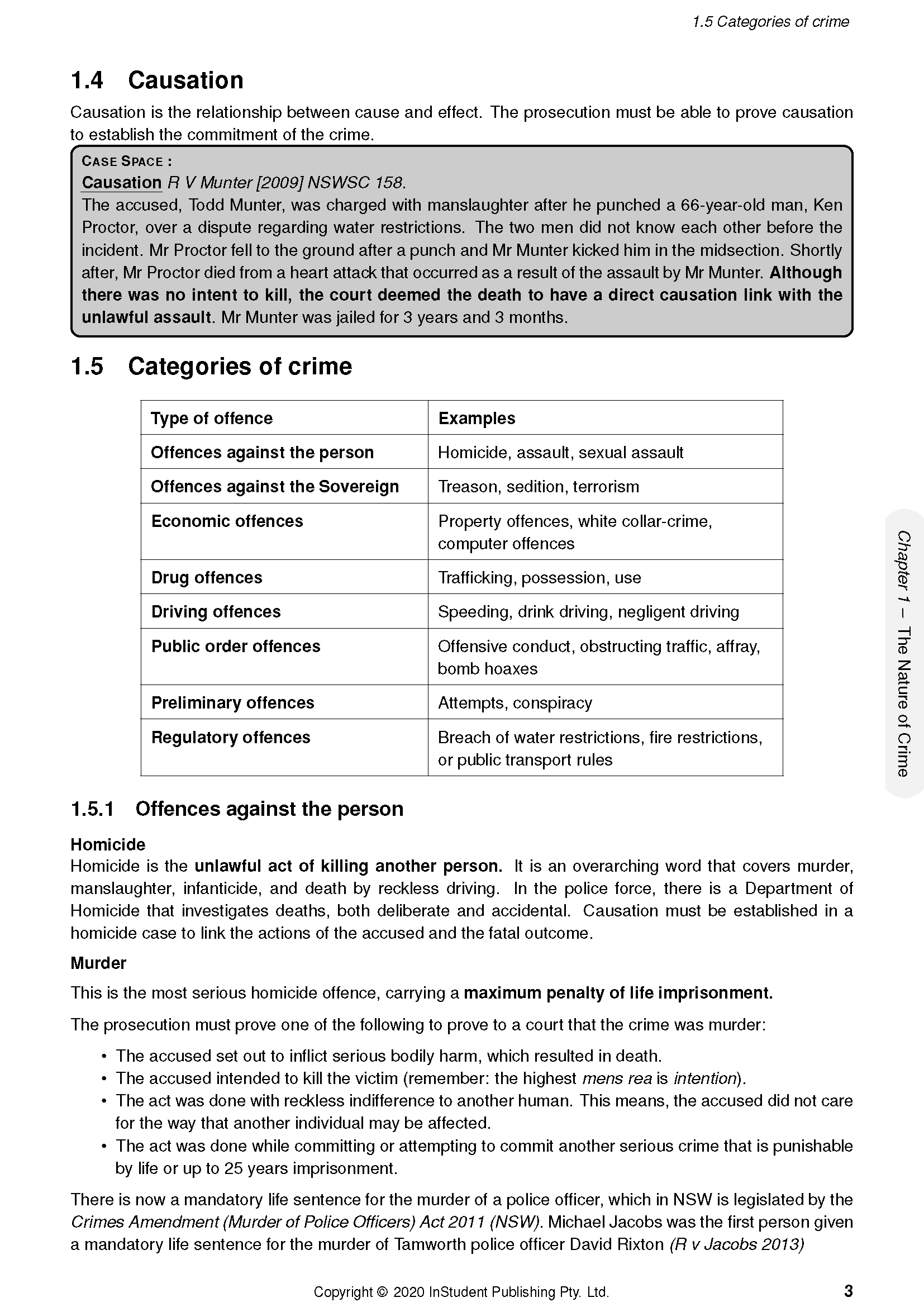 Legal Studies Course Notes by ATAR Notes, displaying a page detailing causation, crime categories, a table, and a case study.