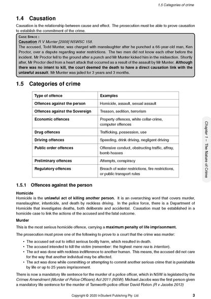 Legal Studies Course Notes by ATAR Notes, displaying a page detailing causation, crime categories, a table, and a case study.