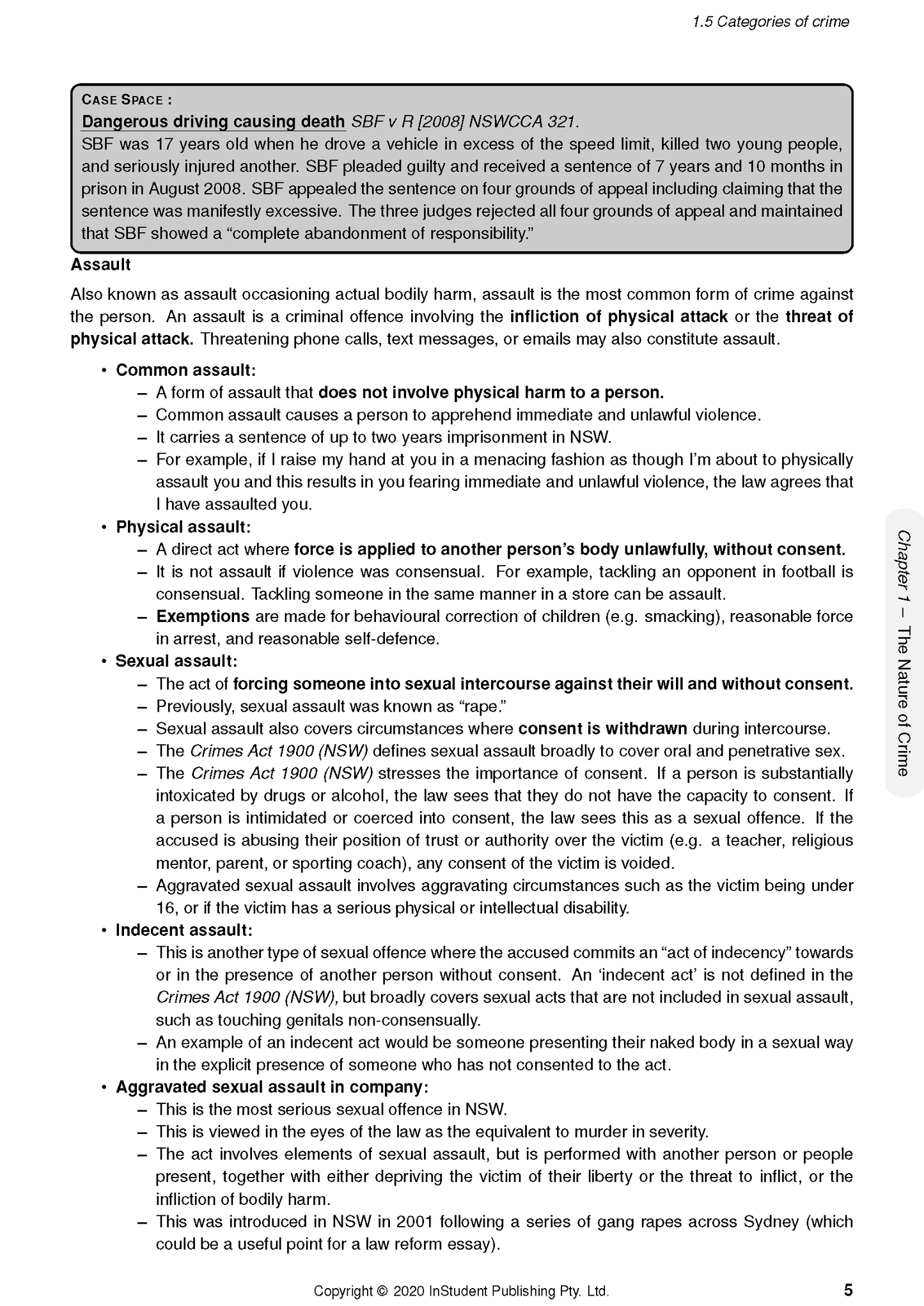 A page from the HSC Year 12 Legal Studies Complete Course Notes by ATAR Notes, detailing crime categories like assault, with a case study and copyright information.
