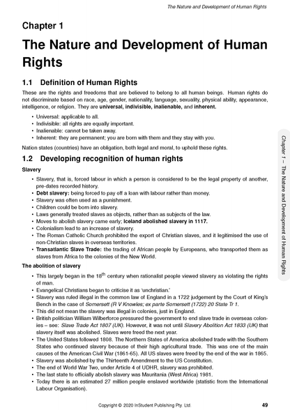 White Legal Studies Complete Course Notes by ATAR Notes, displaying Chapter 1 on human rights, including definitions and historical context.