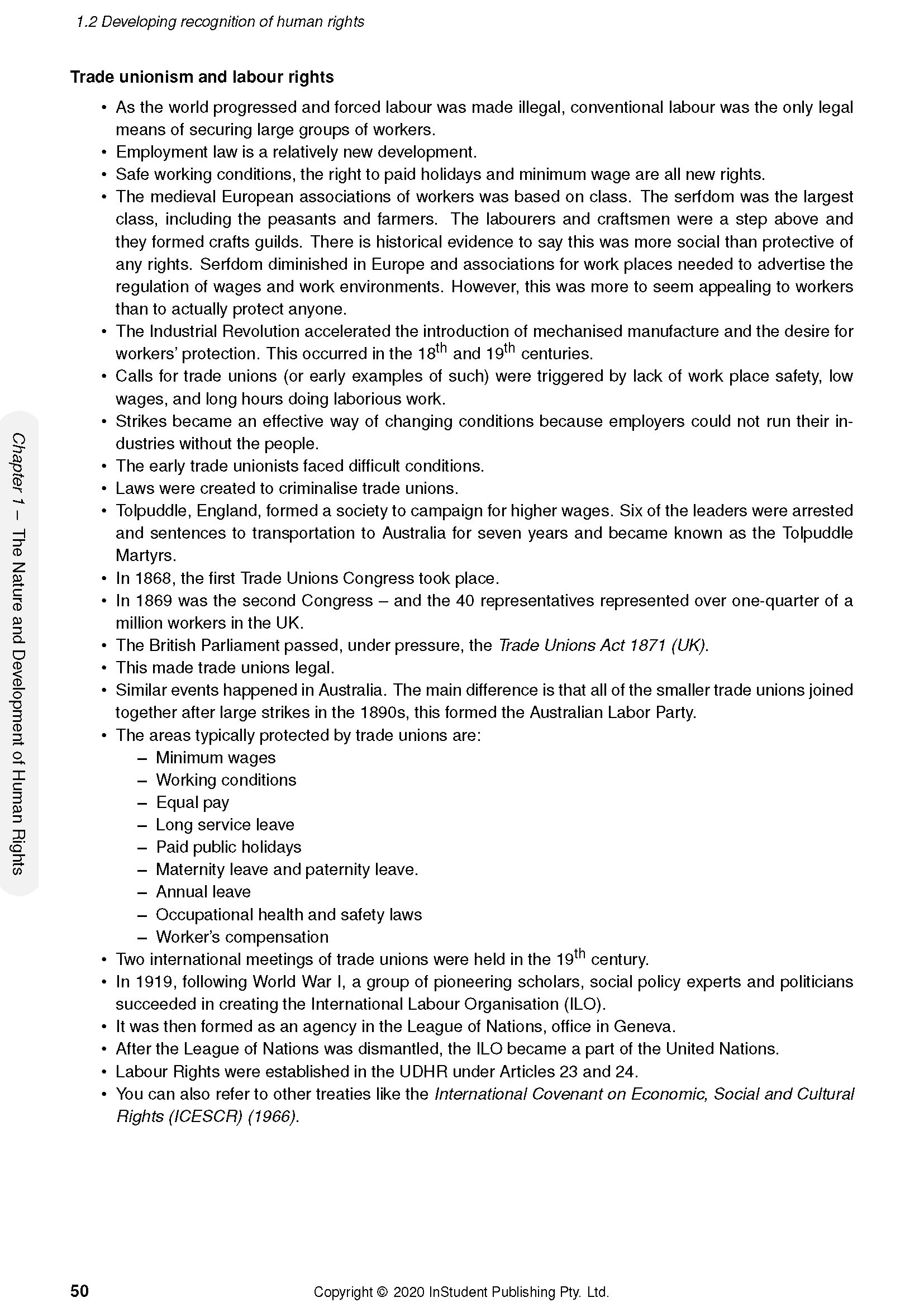 Course notes for HSC Year 12 Legal Studies by ATAR Notes, displaying a page on trade unionism and labour rights.