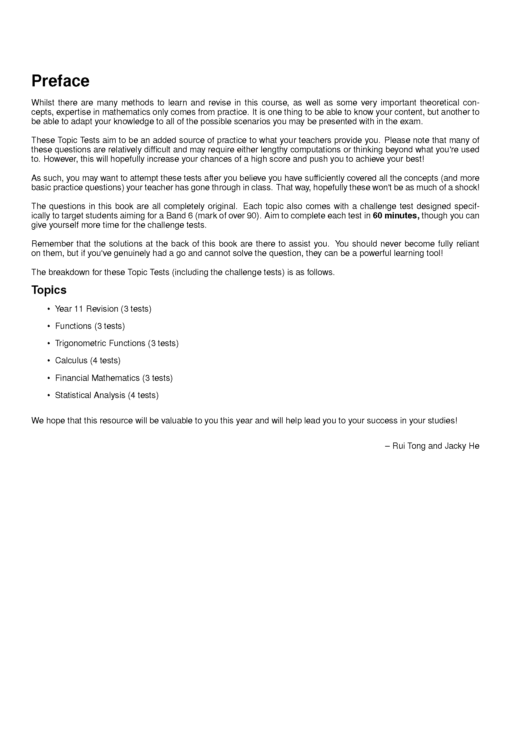 HSC Year 12 Mathematics Advanced Topic Tests by ATAR Notes, displaying a preface and a detailed list of included topics.