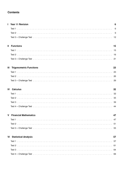 Mathematics Advanced Topic Tests by ATAR Notes, displaying a table of contents with subject sections and page numbers.