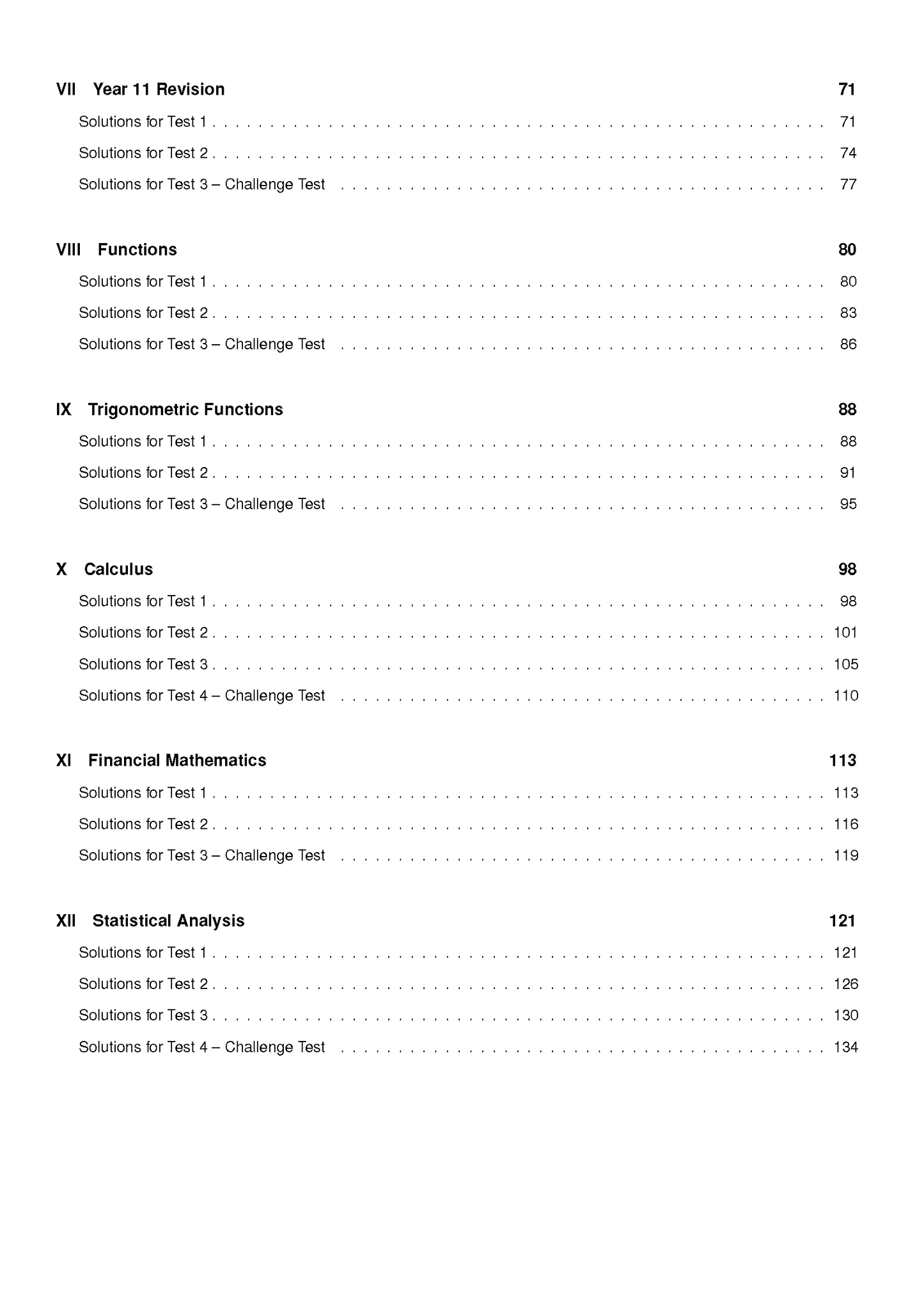 HSC Year 12 Mathematics Advanced Topic Tests book by ATAR Notes, showing a table of contents page in black text on white paper.