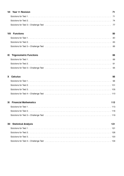 HSC Year 12 Mathematics Advanced Topic Tests book by ATAR Notes, showing a table of contents page in black text on white paper.