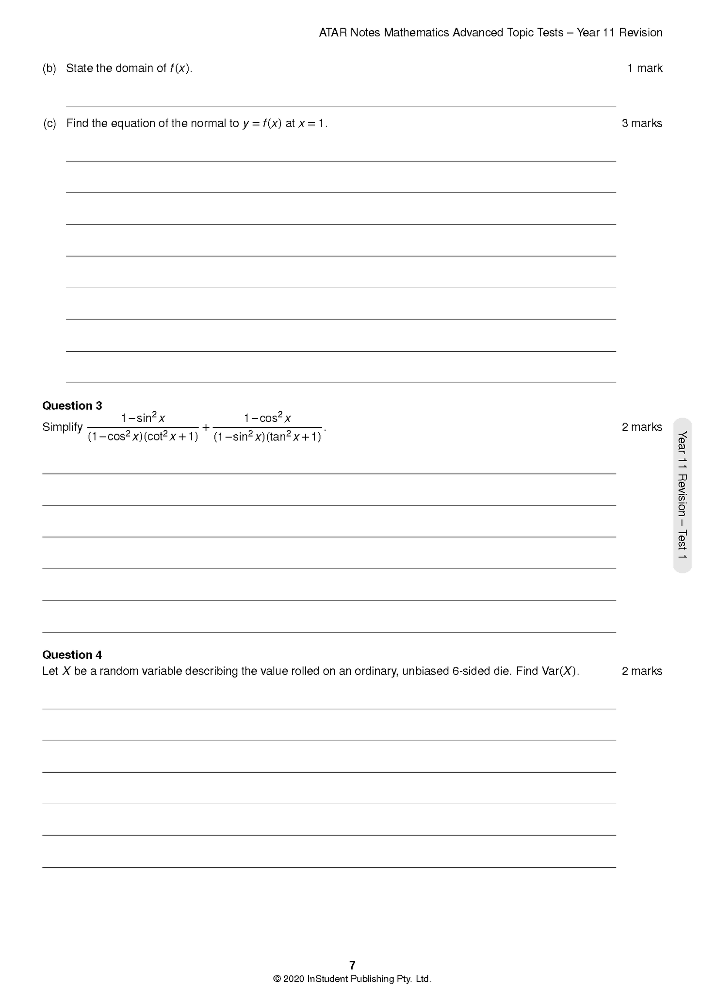 Mathematics Advanced Topic Tests by ATAR Notes, showing a page with revision questions, answer lines, and page number 7.