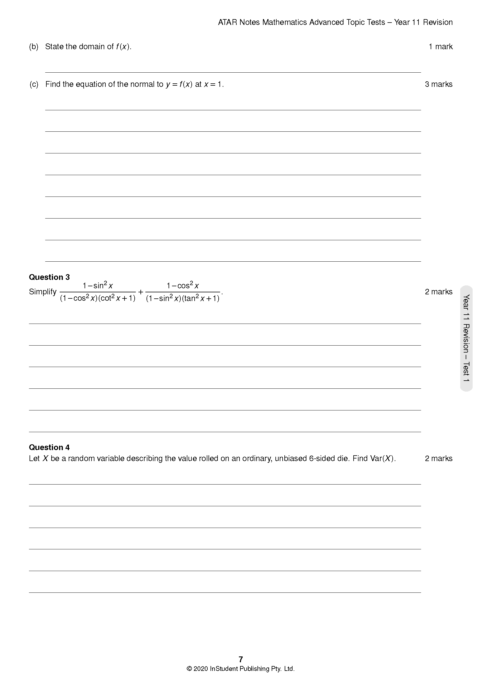Mathematics Advanced Topic Tests by ATAR Notes, showing a page with revision questions, answer lines, and page number 7.