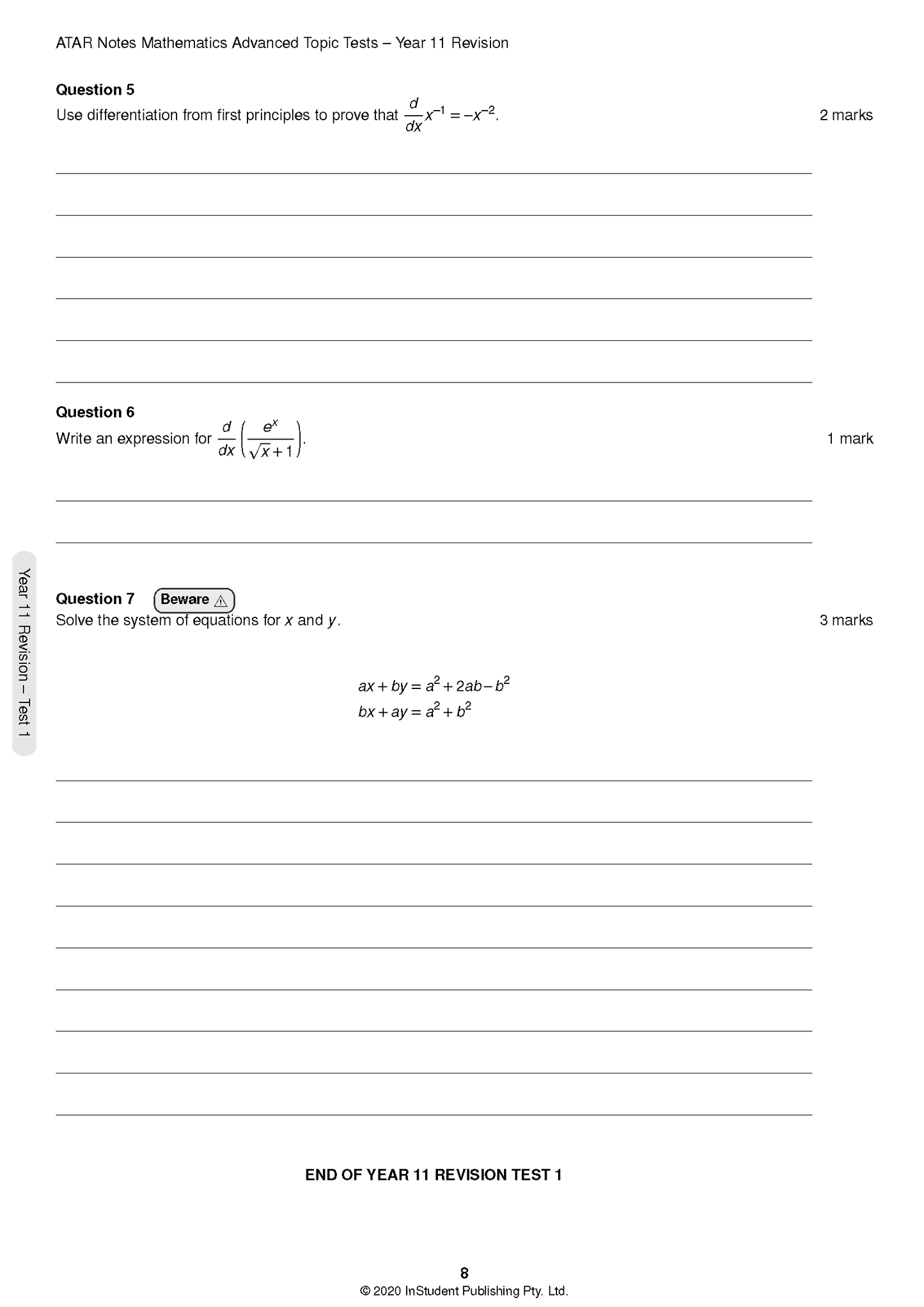 Year 12 Mathematics Advanced Topic Tests page by ATAR Notes, showing questions from a Year 11 revision test on differentiation and equations with answer lines.