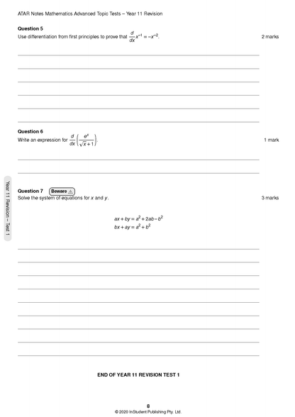 Year 12 Mathematics Advanced Topic Tests page by ATAR Notes, showing questions from a Year 11 revision test on differentiation and equations with answer lines.
