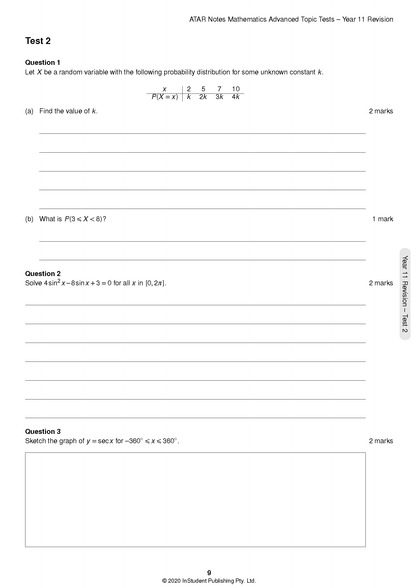 White page from HSC Year 12 Mathematics Advanced Topic Tests by ATAR Notes, showing math questions on probability, trigonometry, and graphs.