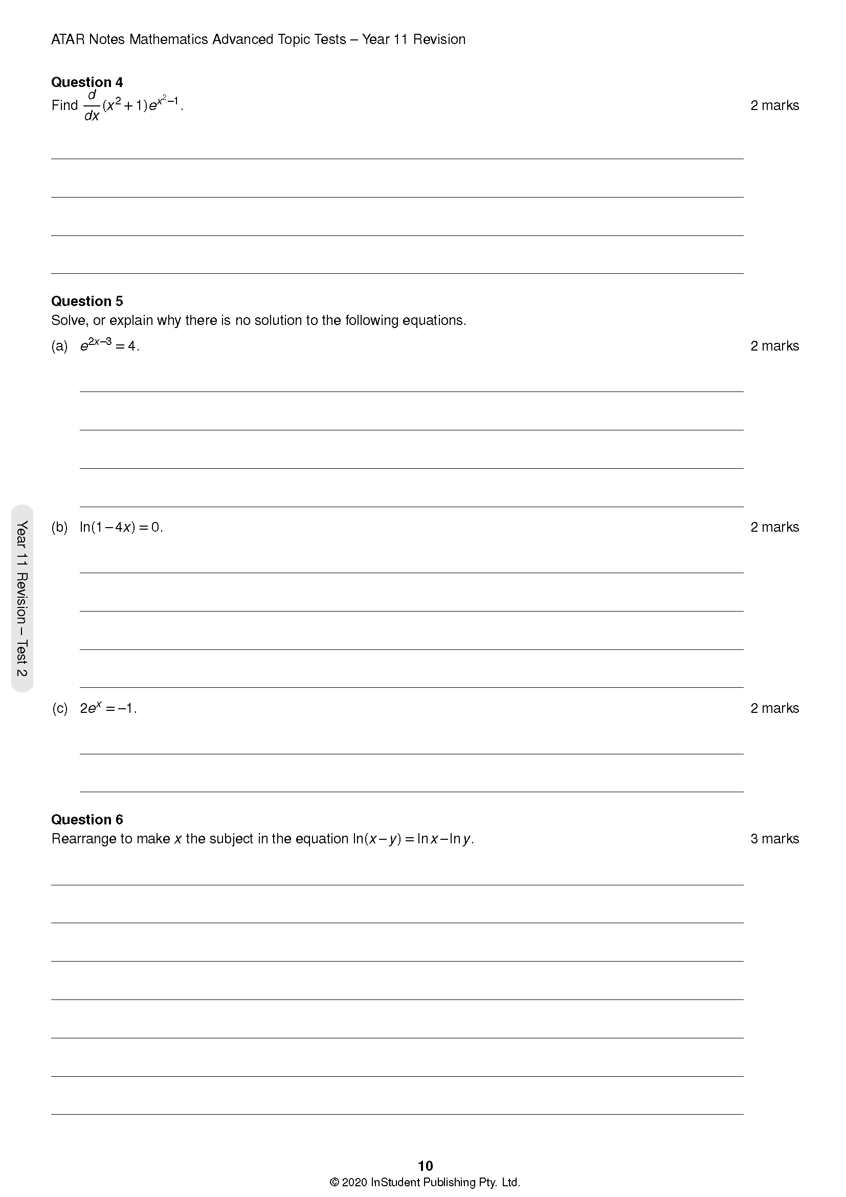 HSC Year 12 Mathematics Advanced Topic Test by ATAR Notes, a white page with questions on calculus, exponential, and logarithmic equations, showing page 10.