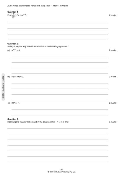 HSC Year 12 Mathematics Advanced Topic Test by ATAR Notes, a white page with questions on calculus, exponential, and logarithmic equations, showing page 10.