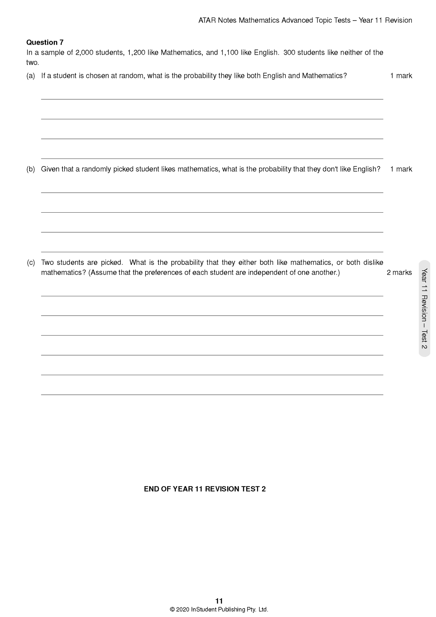 Topic Test page for Mathematics Advanced by ATAR Notes, detailing a probability question on student subject preferences.