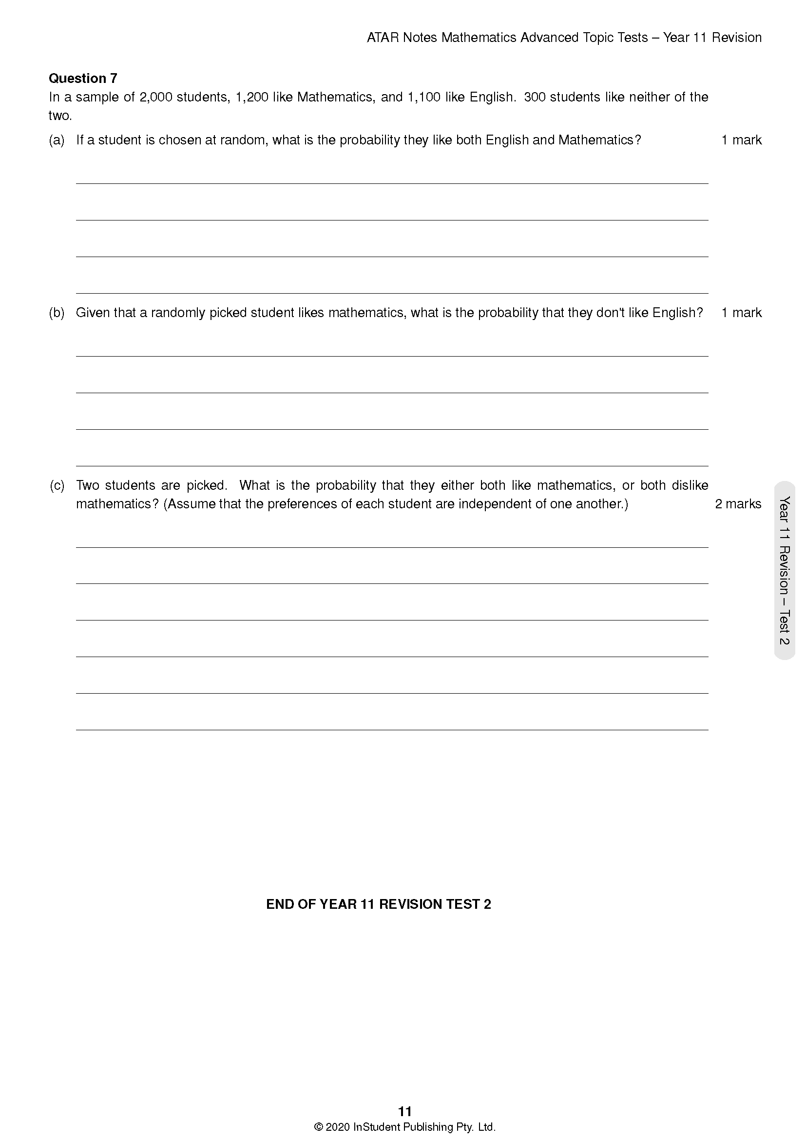 Topic Test page for Mathematics Advanced by ATAR Notes, detailing a probability question on student subject preferences.