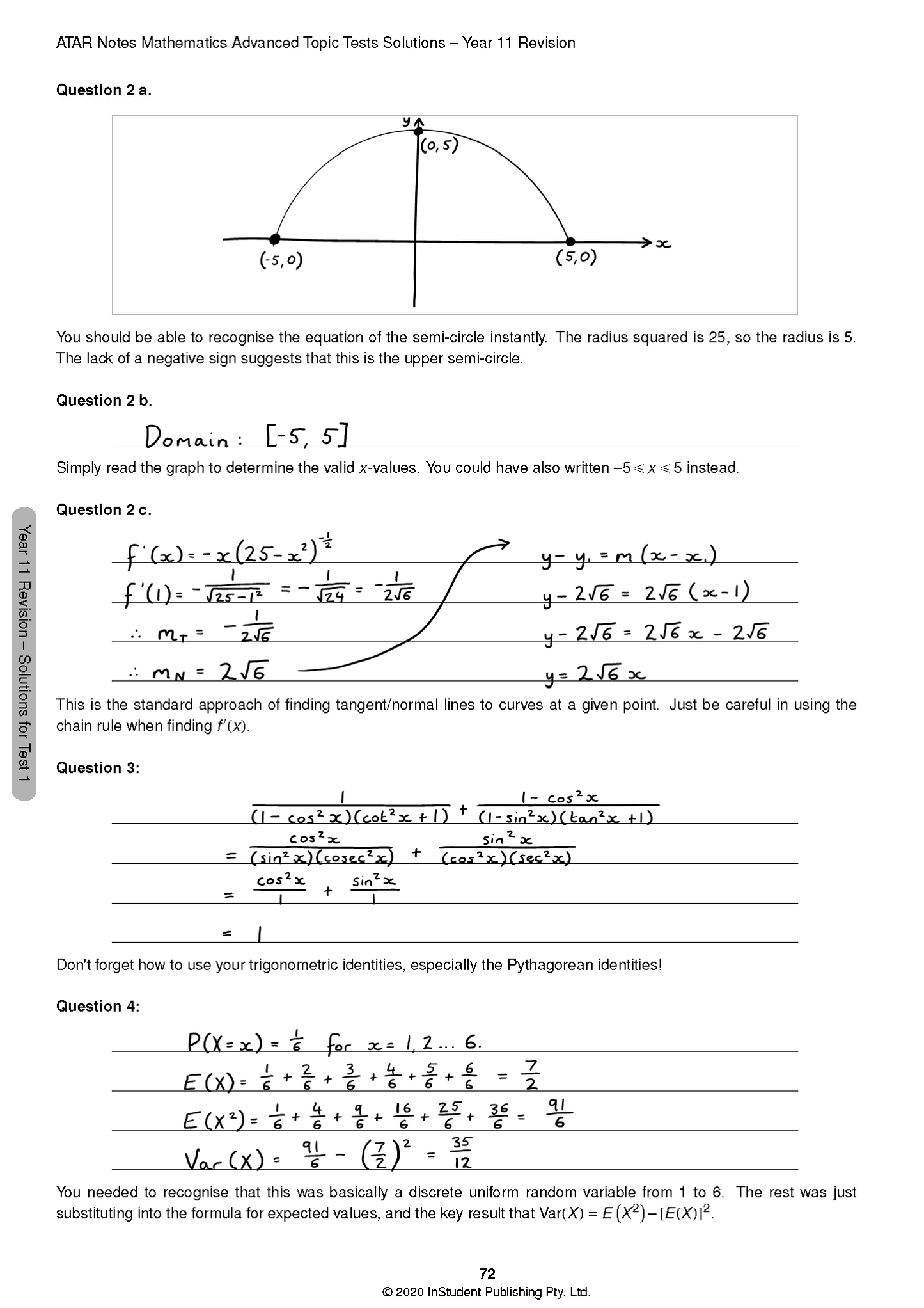 Mathematics Advanced Topic Tests solutions page by ATAR Notes, displaying handwritten calculations, graphs, and formulas.