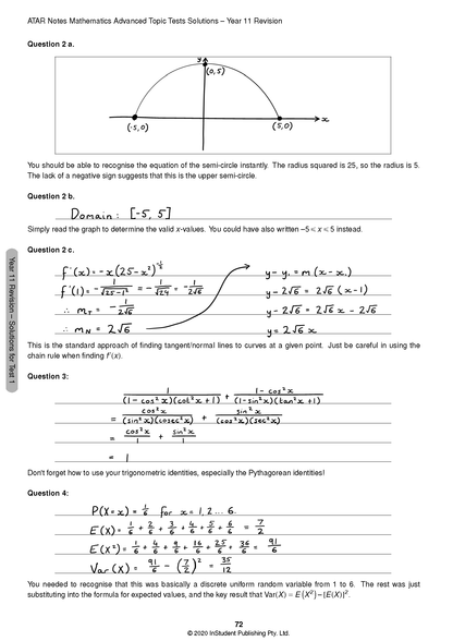Mathematics Advanced Topic Tests solutions page by ATAR Notes, displaying handwritten calculations, graphs, and formulas.