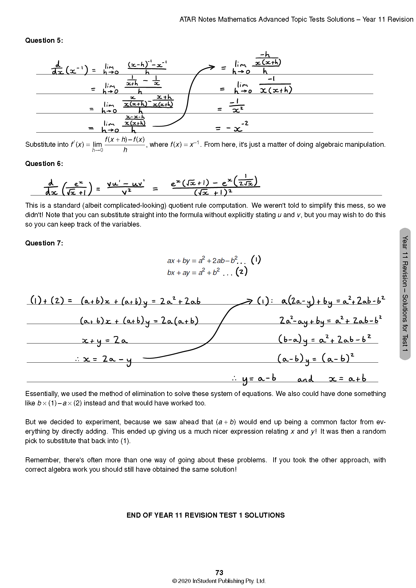 Mathematics Advanced Topic Tests by ATAR Notes, showing handwritten solutions for calculus and algebra problems on a white page.