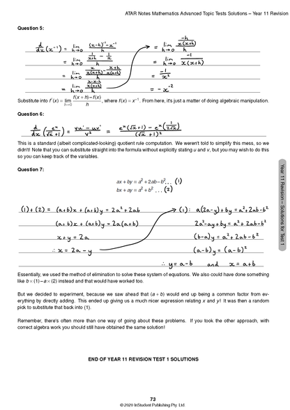 Mathematics Advanced Topic Tests by ATAR Notes, showing handwritten solutions for calculus and algebra problems on a white page.