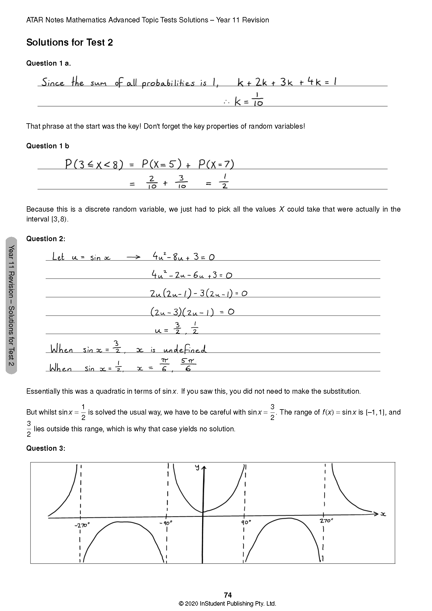 Mathematics Advanced Topic Tests solutions page by ATAR Notes, displaying handwritten mathematical workings and a graph.