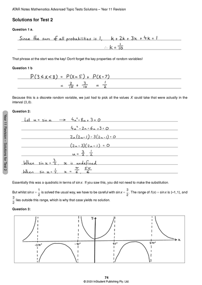 Mathematics Advanced Topic Tests solutions page by ATAR Notes, displaying handwritten mathematical workings and a graph.