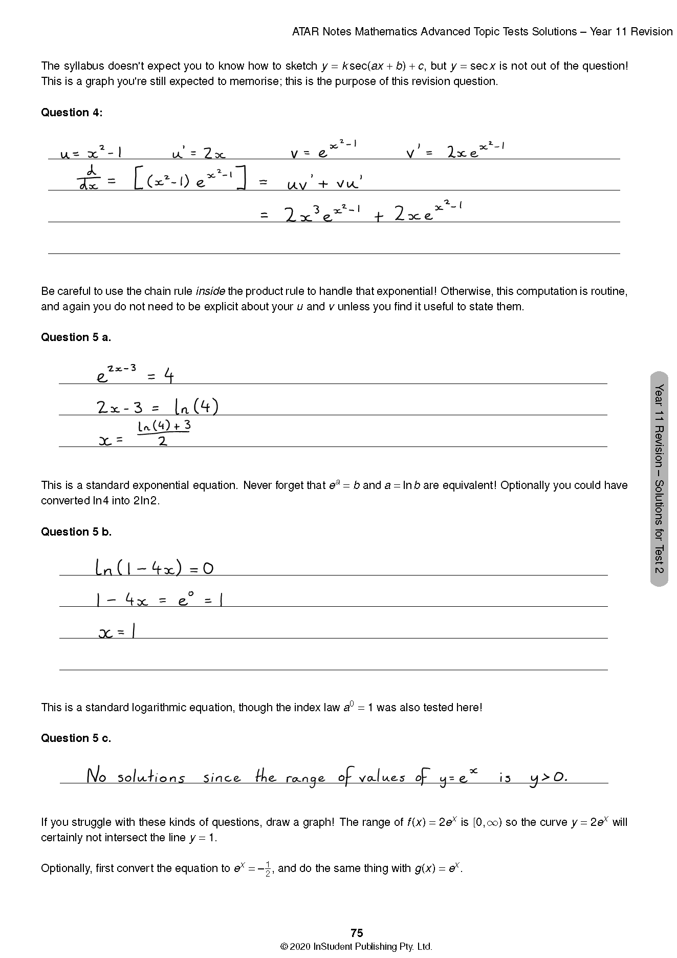 Topic Tests solution pages by ATAR Notes featuring mathematical questions and handwritten solutions in a cropped view.