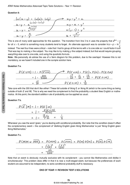 Mathematics Advanced Topic Tests Solutions by ATAR Notes, showing logarithm and probability worked examples from a Year 11 revision test.