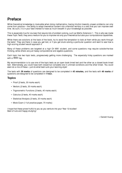 Mathematics Extension 1 Topic Tests by ATAR Notes, a document showing the 'Preface' detailing test structure and math topics.
